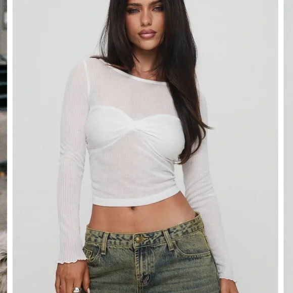 Princess Polly White Long Sleeve Twist Front Crop Top - Picture 2 of 2